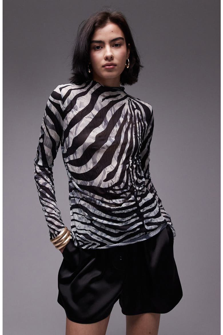 Zebra Print Funnel Neck Long Sleeve Top, Main, color, BLACK