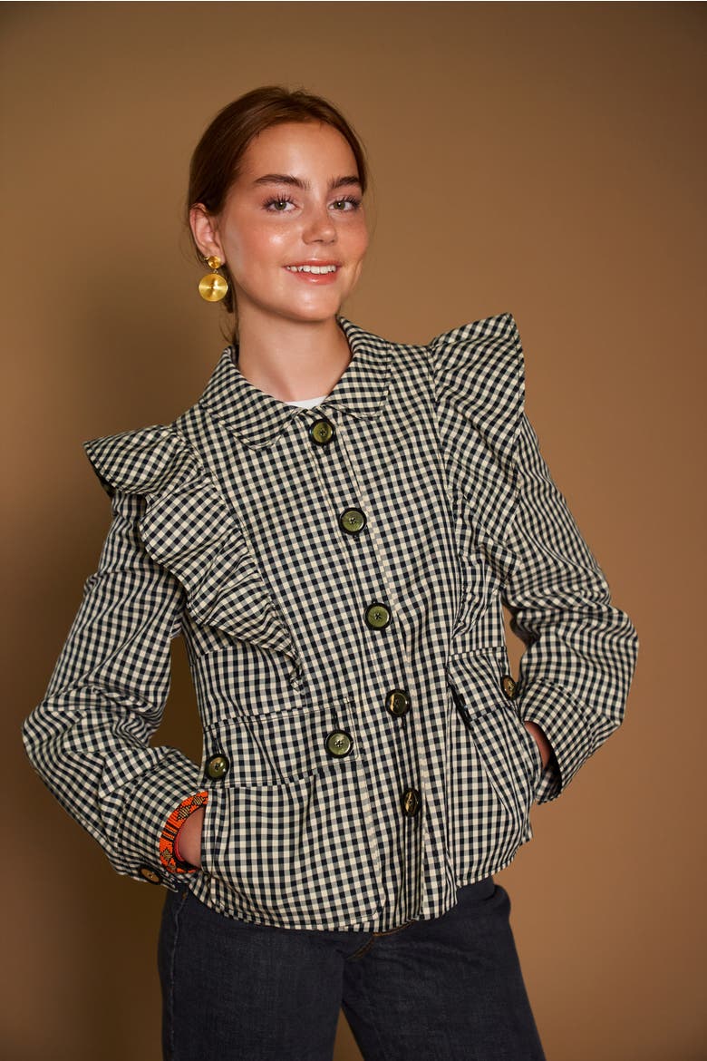 Gingham Outdoor Jacket With Ruffles, Alternate, color, Blach / Sand