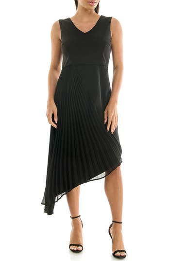Nina Leonard Asymmetric Pleated Midi Dress In Black/black