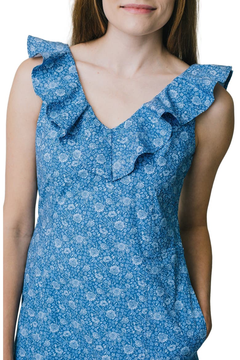 Women's V-Neck Ruffle Shift Dress, Alternate, color, Coastal Blue Floral