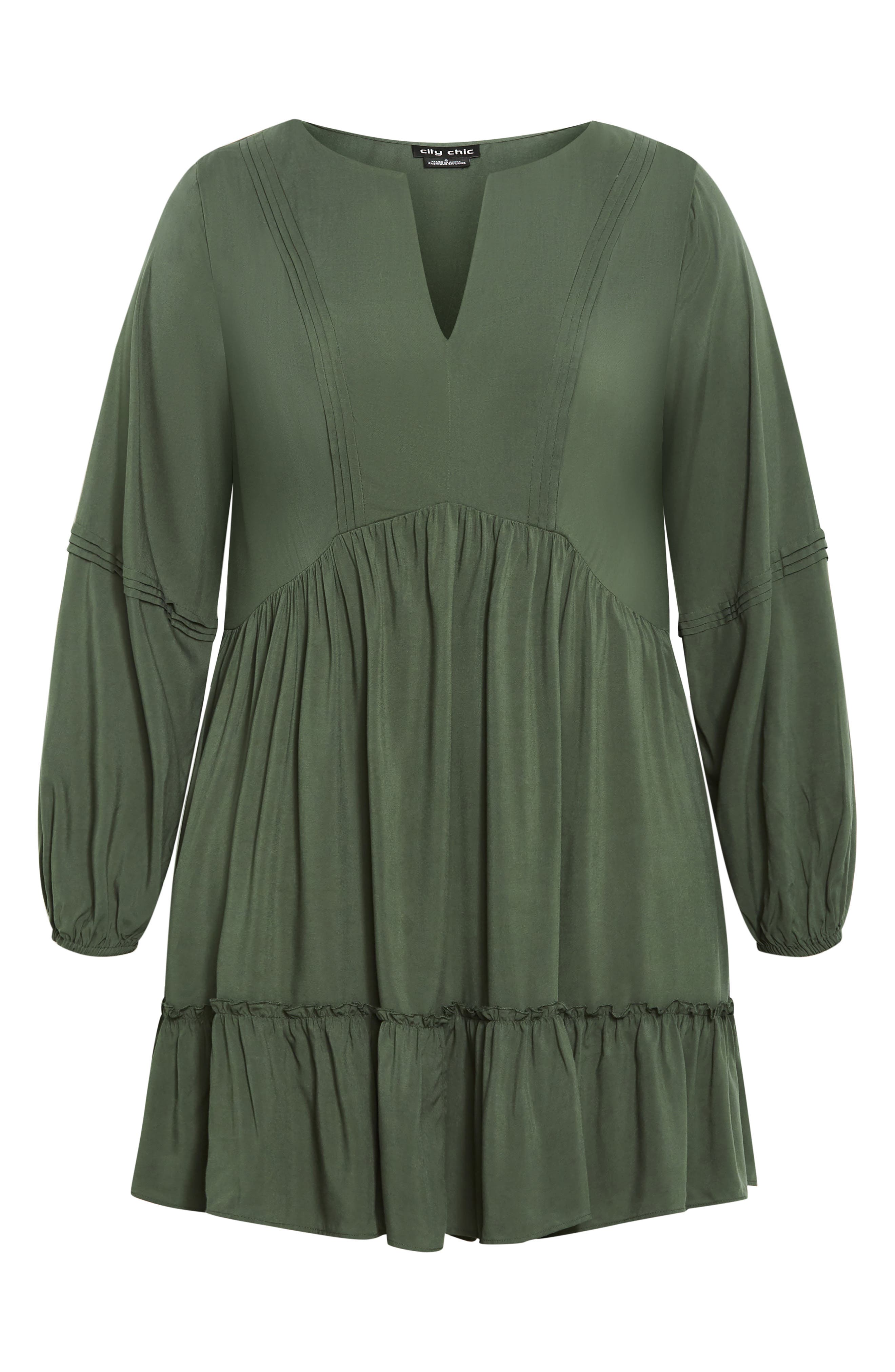 City Chic Mira Long Sleeve Tiered Minidress In Green
