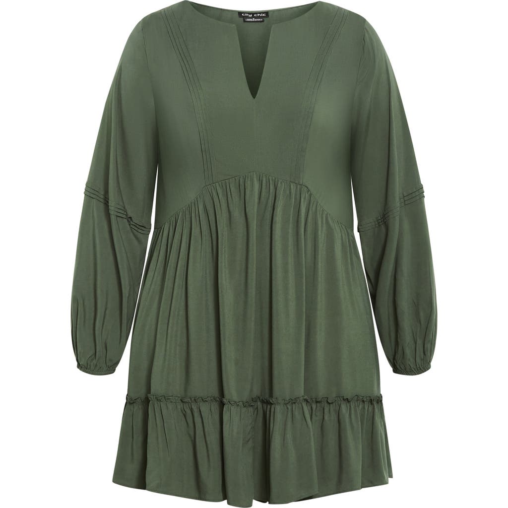 City Chic Mira Long Sleeve Tiered Minidress In Green