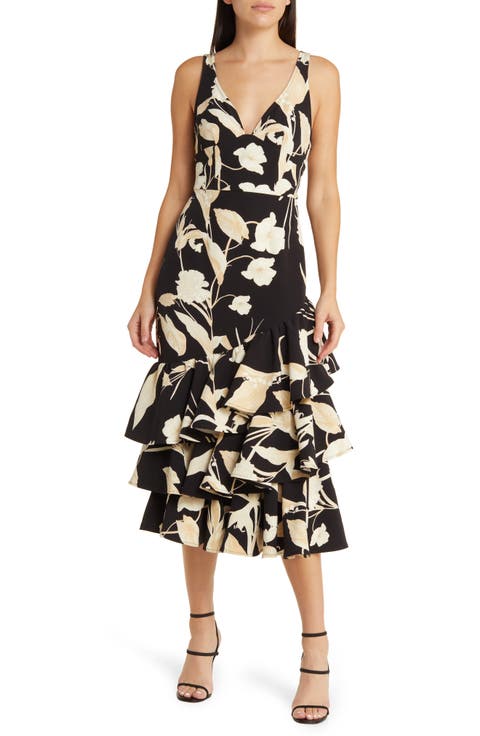 Print Tiered Ruffle Sleeveless Midi Dress