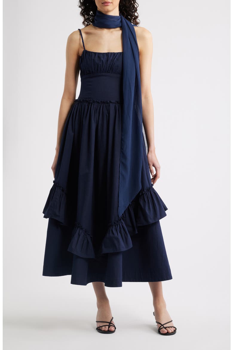 Juno Ruffle Midi Dress & Sheer Scarf, Main, color, NAVY