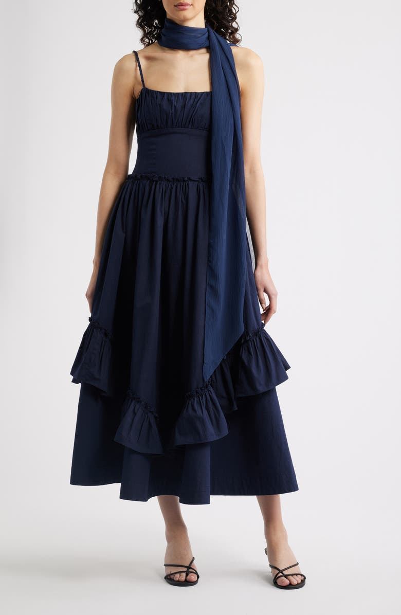 Damson Madder Juno Ruffle Midi Dress & Sheer Scarf, Main, color, Navy