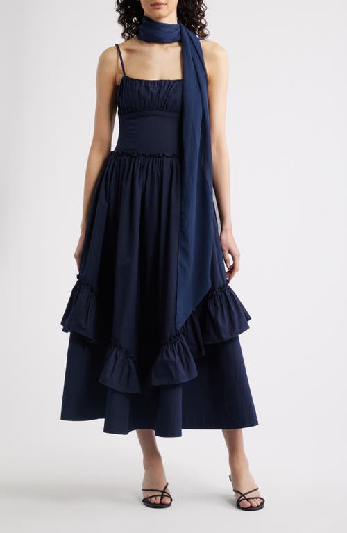 Damson Madder Juno Ruffle Midi Dress & Sheer Scarf in Navy at Nordstrom, Size 12