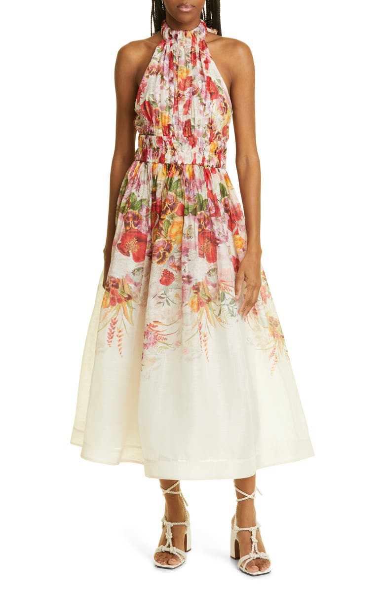 Zimmermann Wonderland Halter Neck Linen & Silk Organza Midi Dress, Main, color,