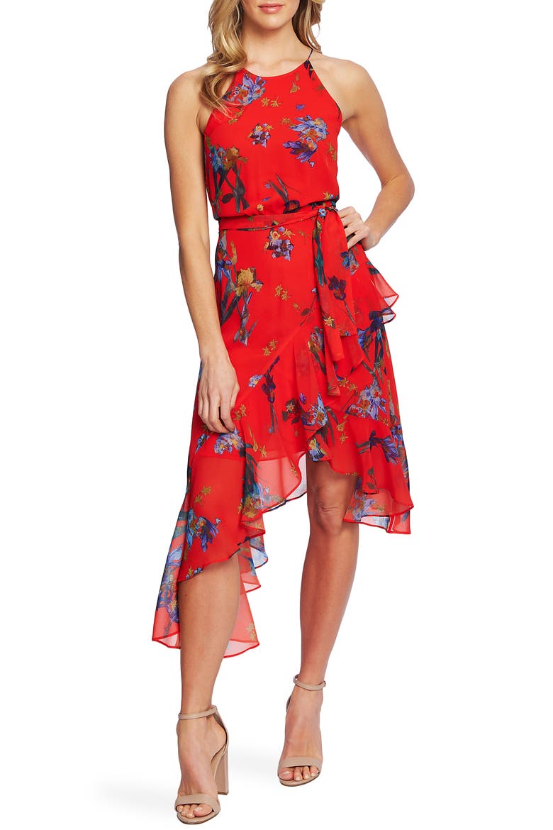 Floral Print Asymmetrical Dress, Main, color, FIERYRED