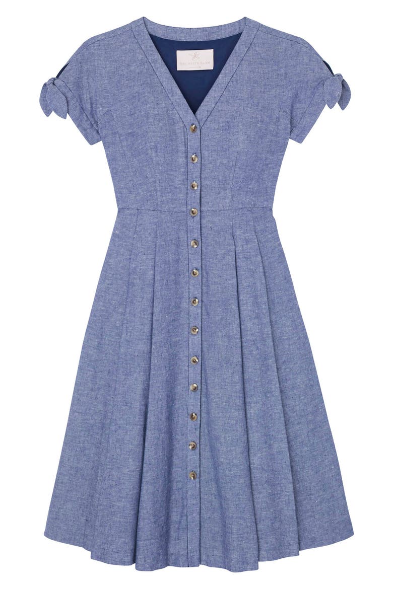 Lenna Button Front Linen Blend Fit & Flare Dress, Alternate, color, CHAMBRAY