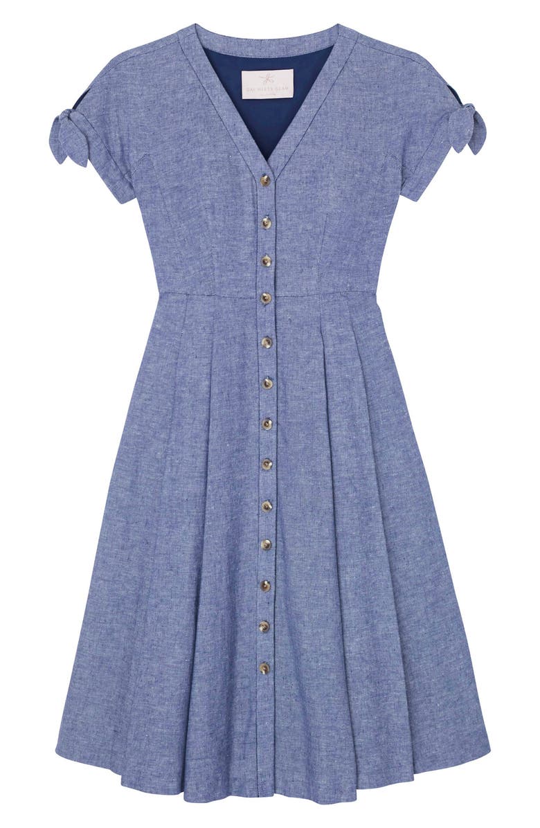 Gal Meets Glam Collection Lenna Button Front Linen Blend Fit & Flare Dress, Alternate, color, 