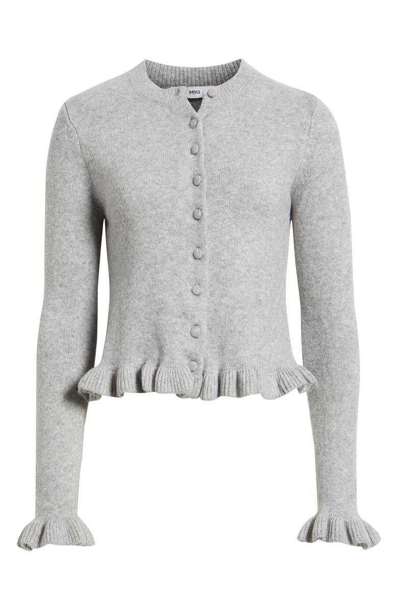 MANGO Fleur Ruffle Cardigan, Alternate, color, Medium Heather Grey