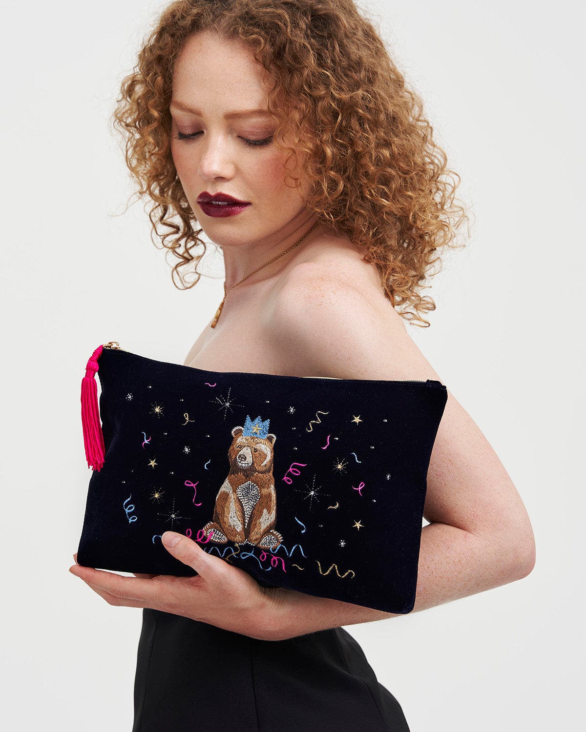 Fable England Party Bear Embroidered Blue Medium Pouch, Alternate, color, Midnight Blue