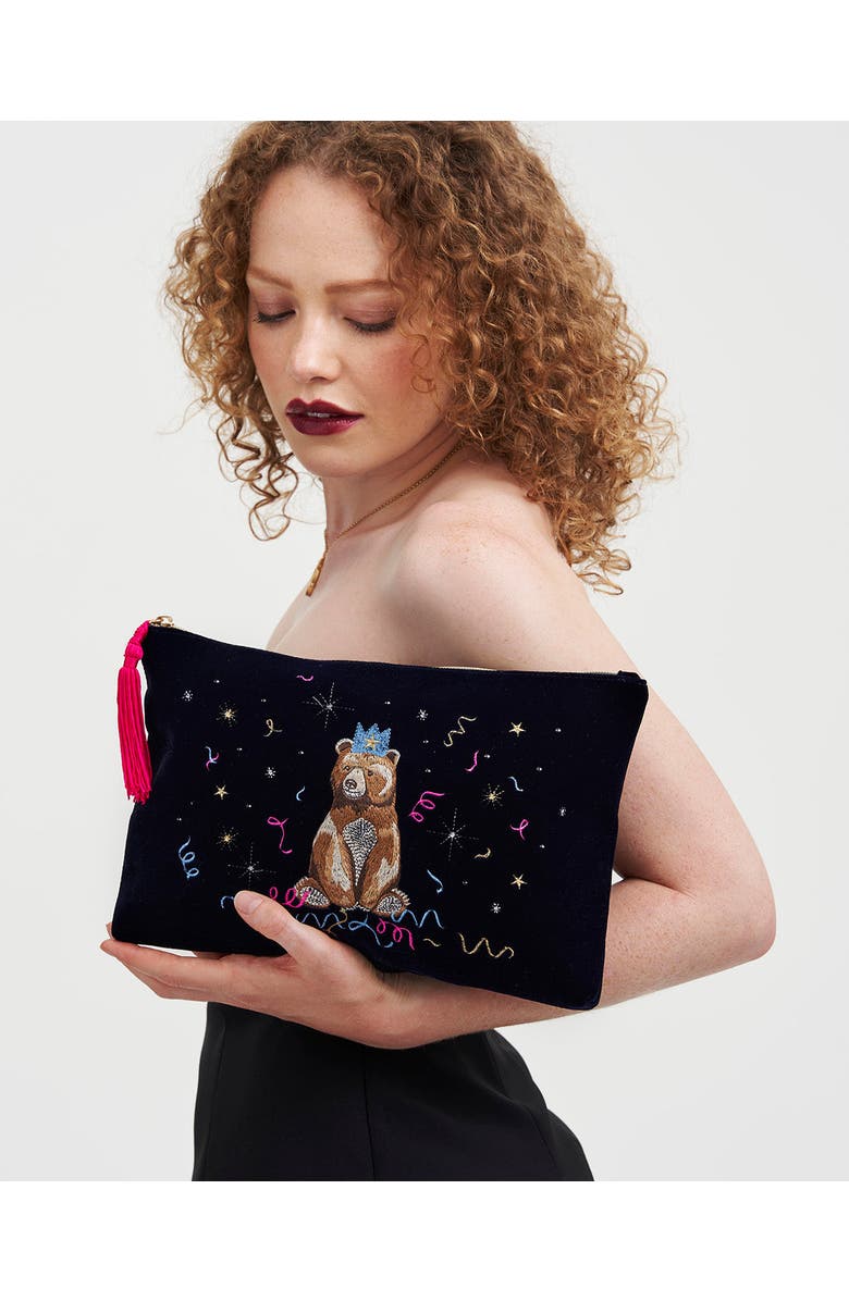 Fable England Party Bear Embroidered Blue Medium Pouch, Alternate, color, Midnight Blue
