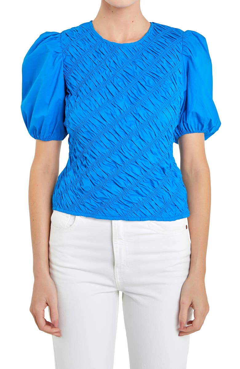 English Factory Asymmetric Shirred Puff Sleeve Top, Alternate, color, Sapphire Blue