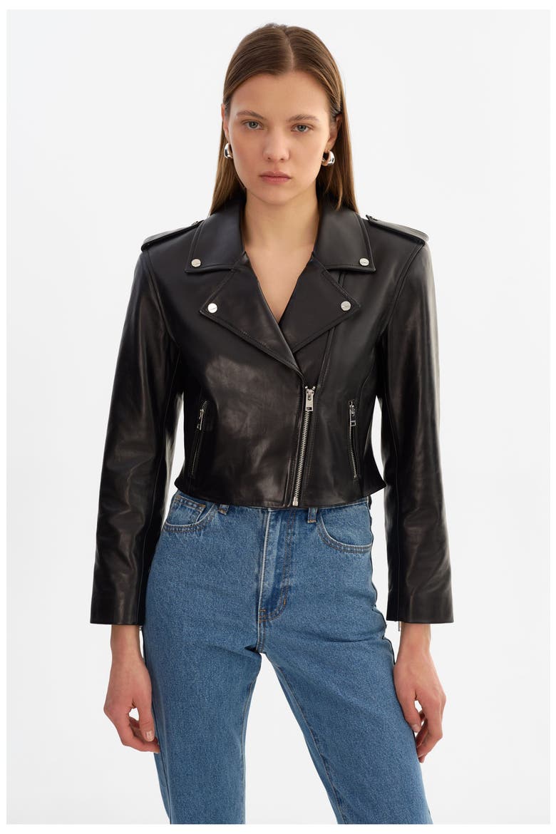 Denalda | Leather Cropped Biker Jacket, Main, color, Black