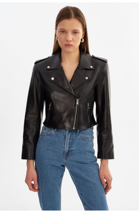 Denalda | Leather Cropped Biker Jacket