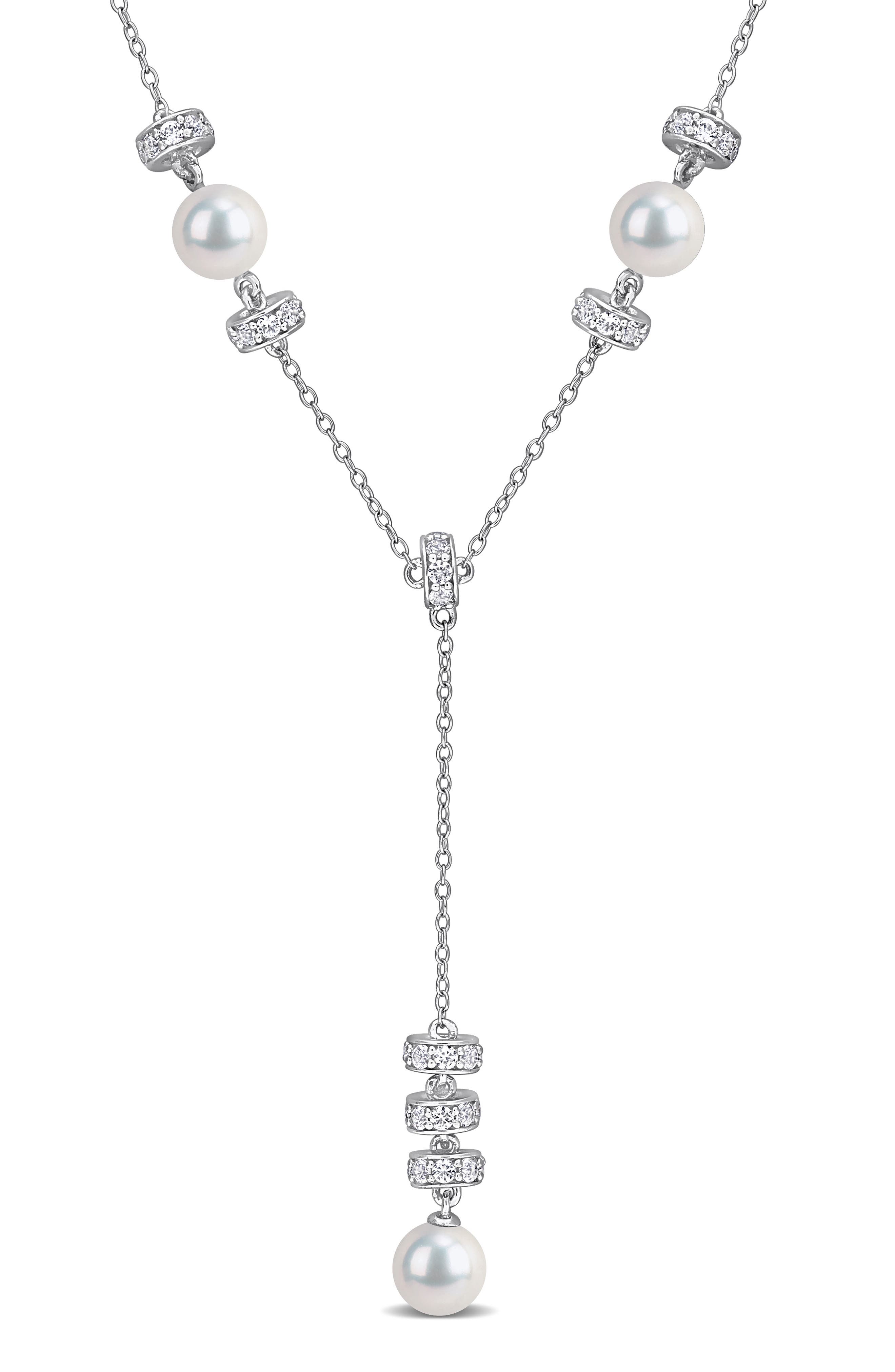 Pearl & White Sapphire Lariat Necklace