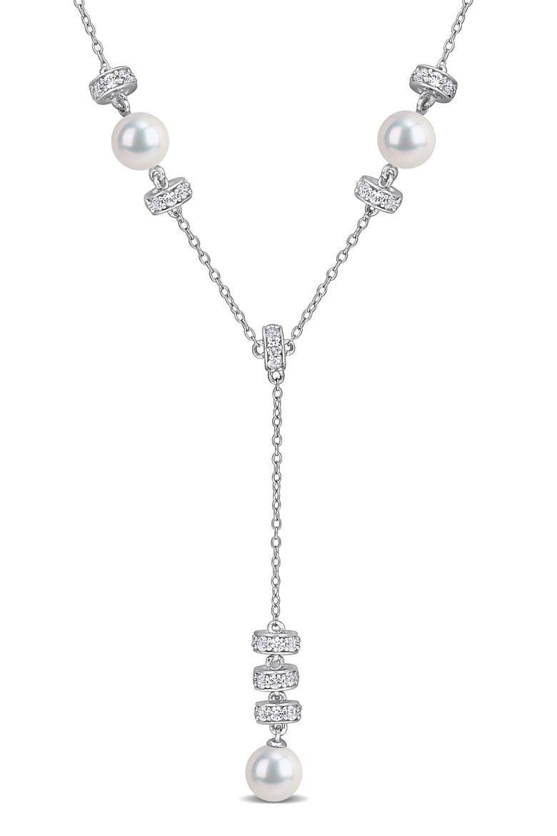 Pearl & White Sapphire Lariat Necklace, Main, color, WHITE
