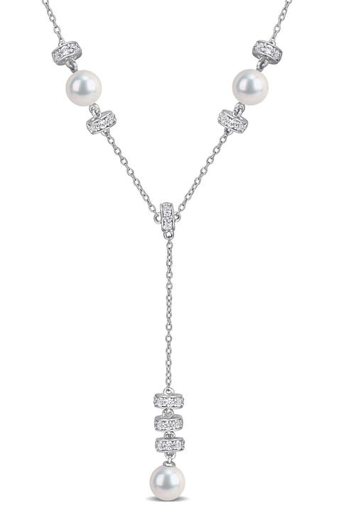 Pearl & White Sapphire Lariat Necklace