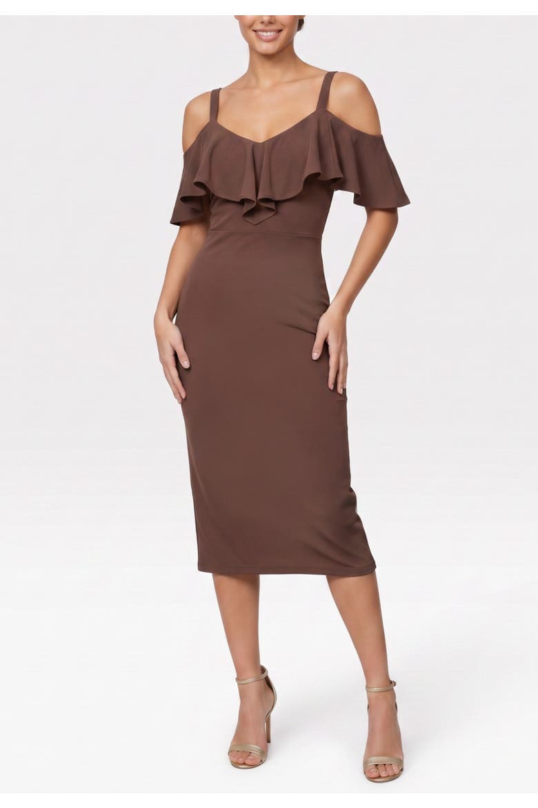 Marcella Off the Shoulder Ruffle Midi Dress, Main, color, Mocha