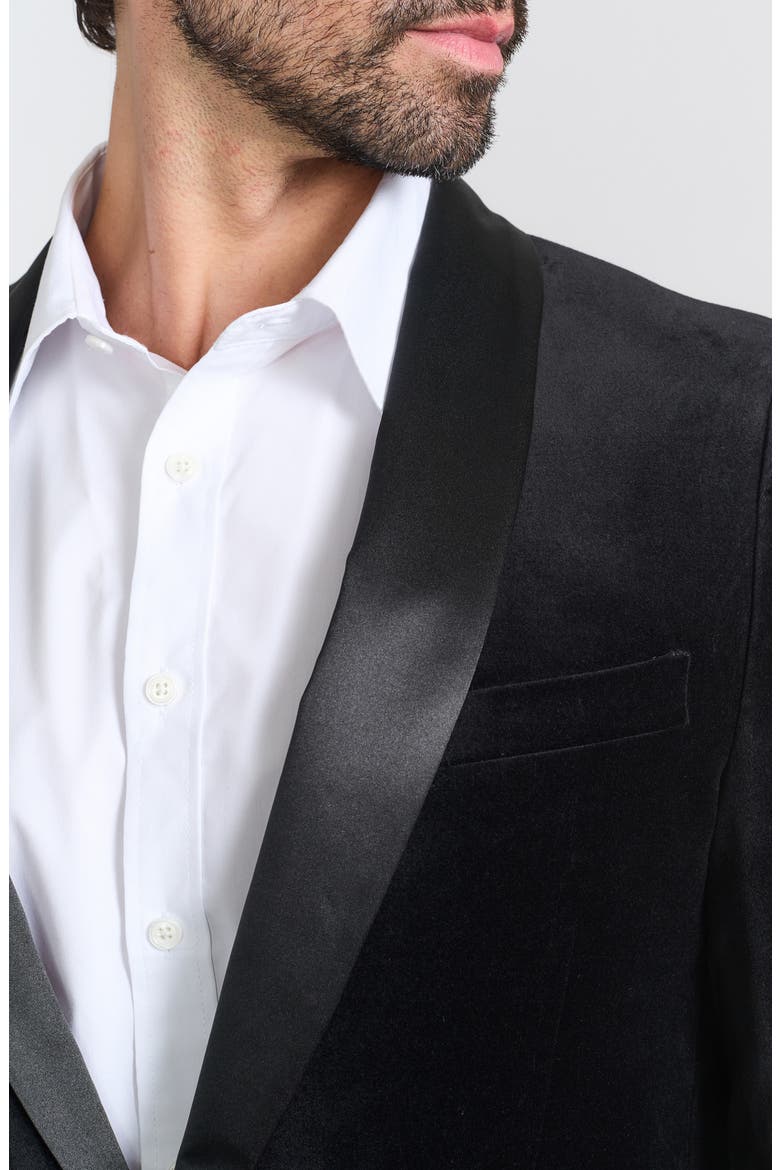Black Satin Shawl Collar Slim Fit Velvet Jacket, Alternate, color, BLACK