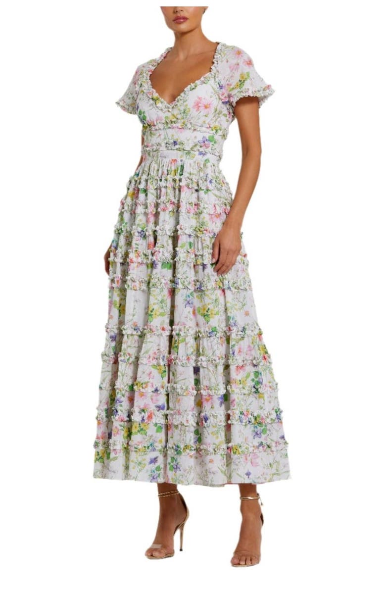 Mac Duggal Cap Sleeve V Neck Open Back Floral Cotton Dress, Main, color, White Multi