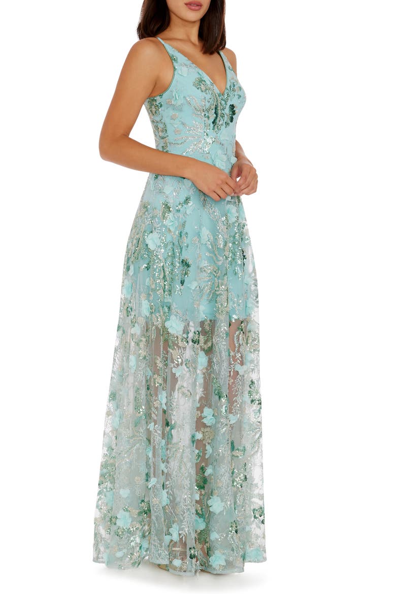Sidney Beaded Floral Appliqué Gown, Alternate, color, SEAFOAM MULTI