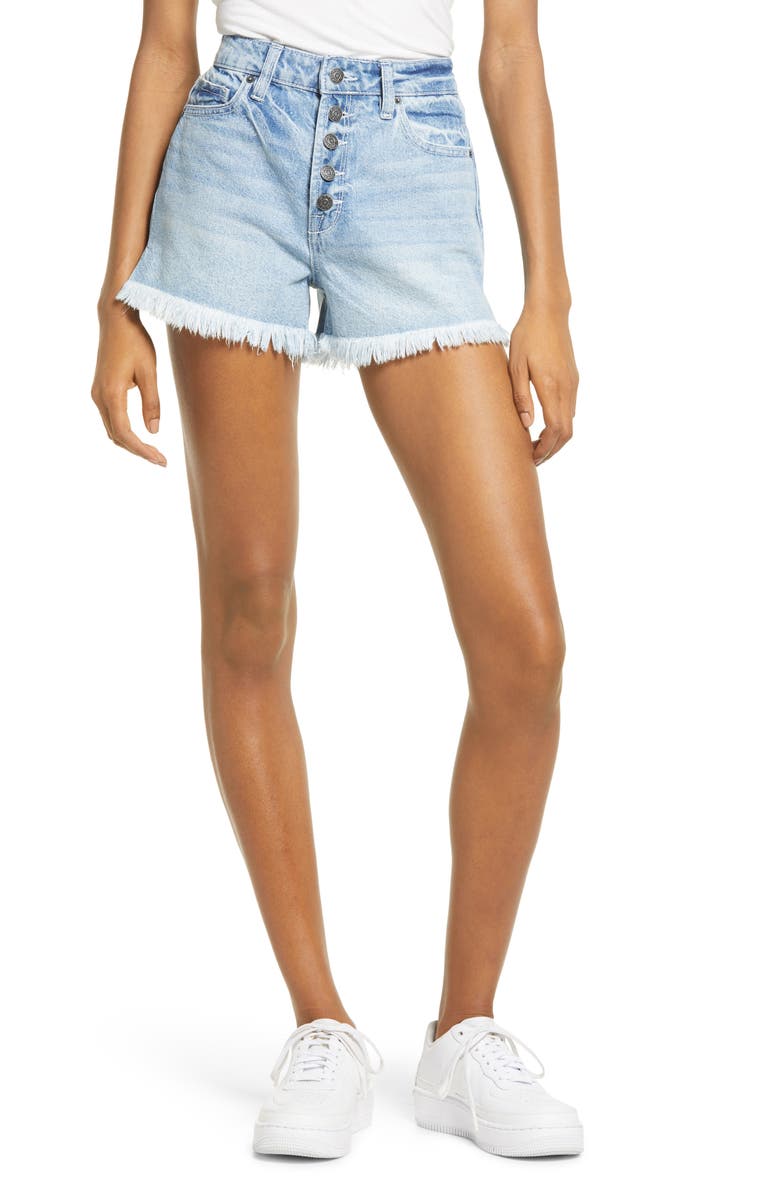 HIDDEN JEANS Button Fly High Waist Frayed Hem Denim Shorts, Main, color, 