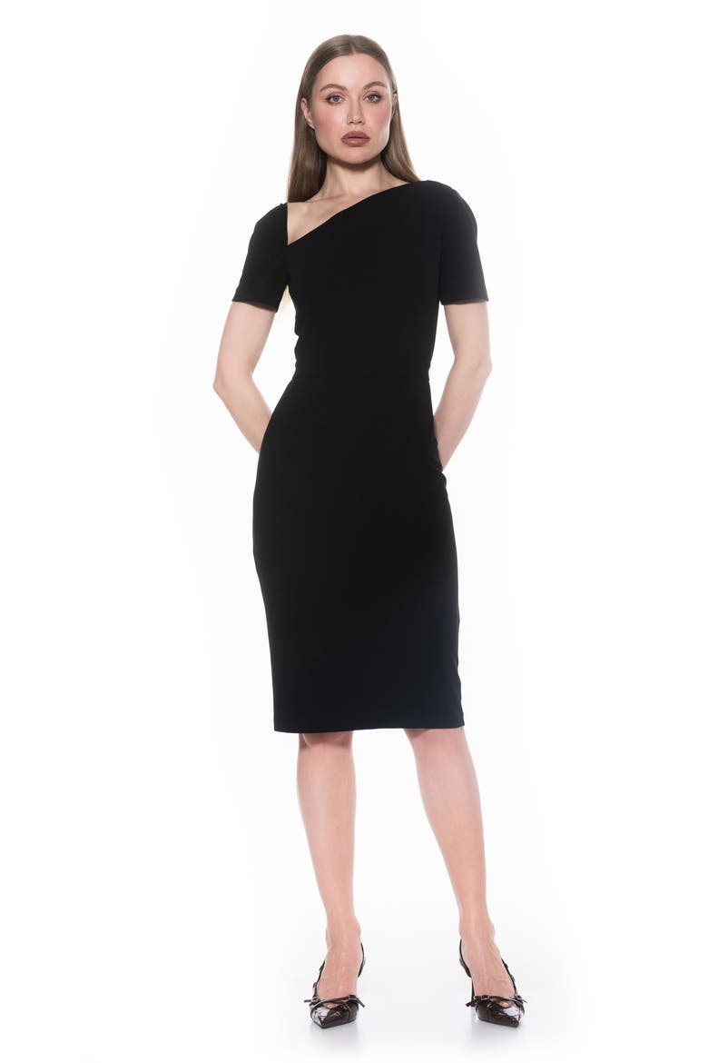 Skylar Asymmetric Neck Short Sleeve Midi Dress, Alternate, color, BLACK