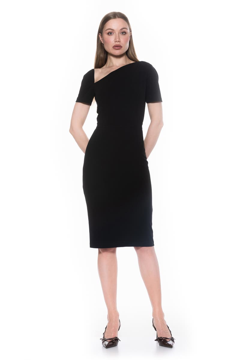 Alexia Admor Skylar Asymmetric Neck Short Sleeve Midi Dress, Alternate, color, Black