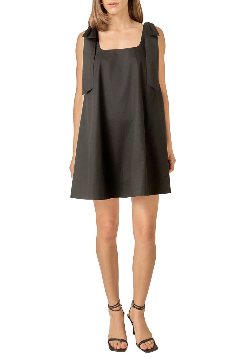 Bow Shoulder Sleeveless Cotton Minidress, Main, color, BLACK