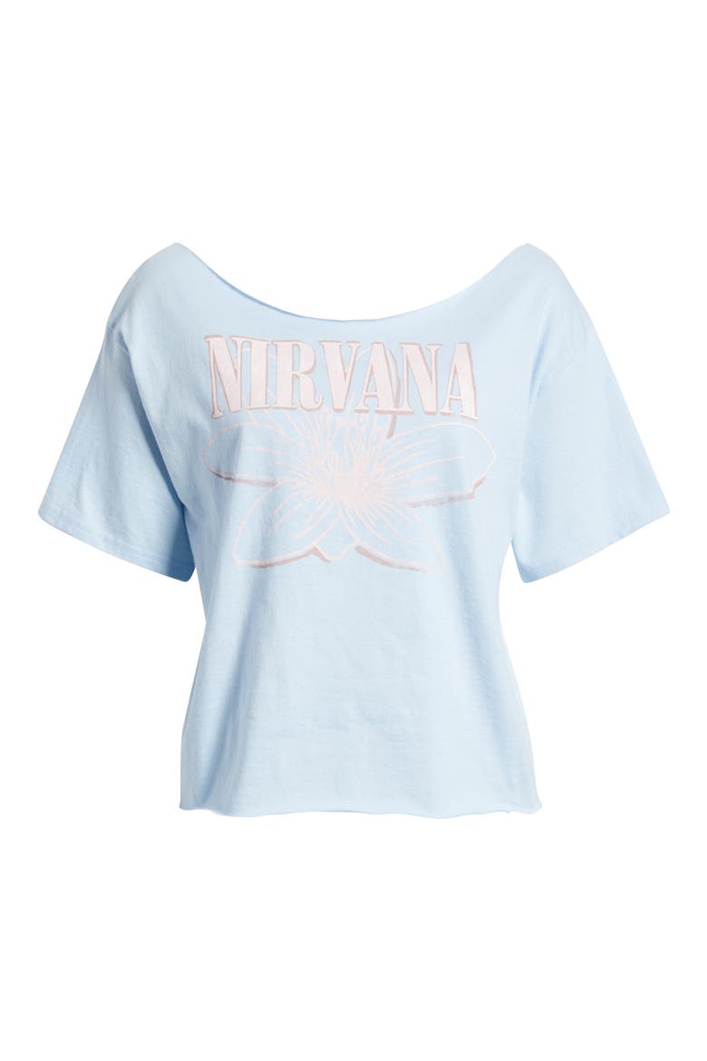 Nirvana Graphic Print Off the Shoulder Cotton T-Shirt, Alternate, color, BLUE