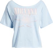 Merch Traffic Nirvana Graphic Print Off the Shoulder Cotton T-Shirt