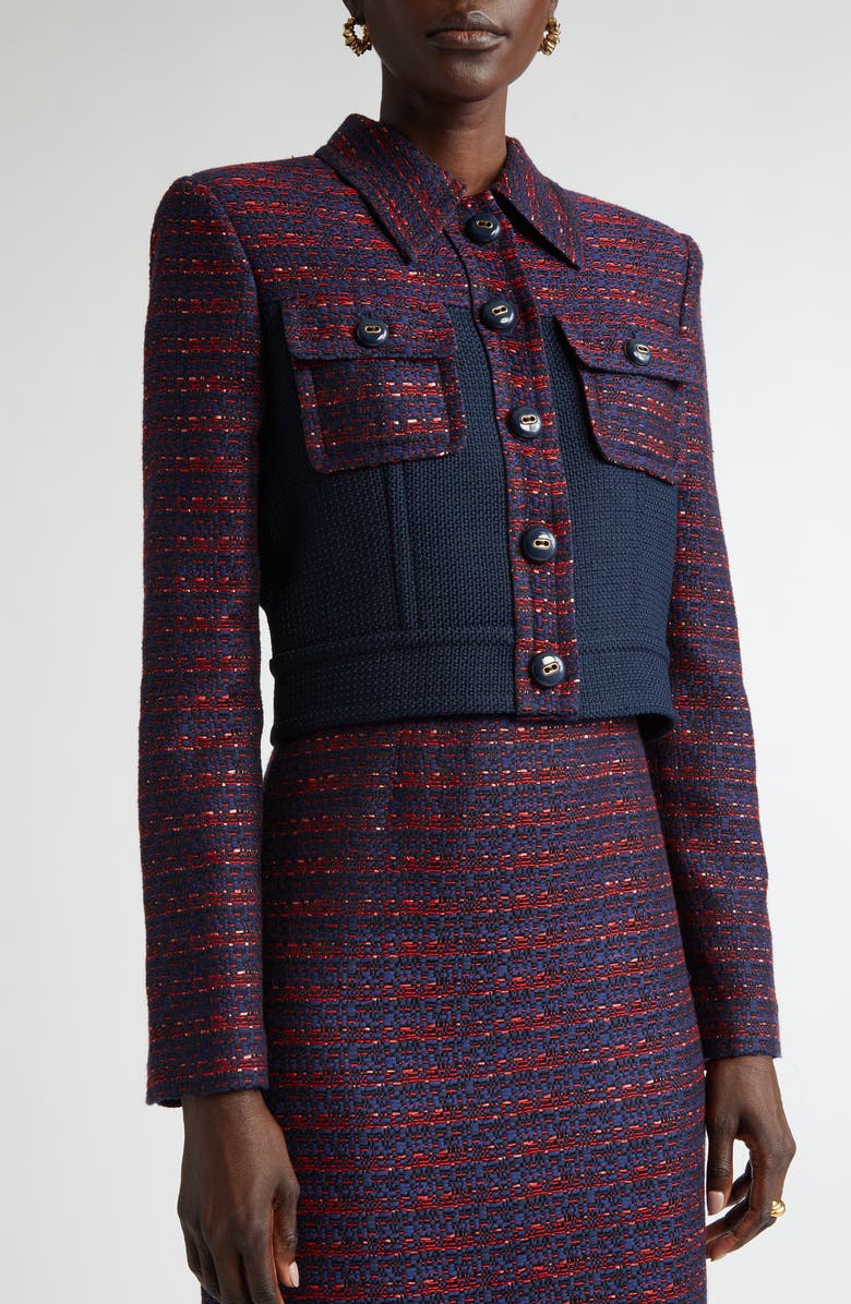 ST. JOHN Colorblock Tweed Crop Jacket, Alternate, color, Midnight/ Geranium Multi