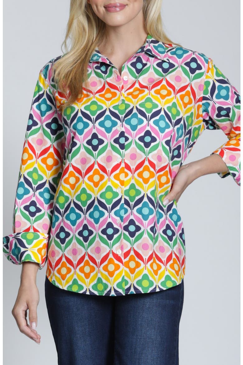 Print Cotton Button-Up Shirt, Main, color, YELLOW MULTI