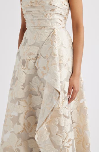 Metallic Floral Jacquard Strapless Gown