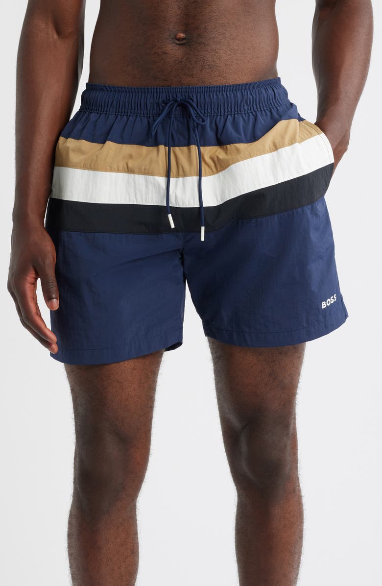 BOSS Louis Colorblock Swim Trunks, Main, color, Navy