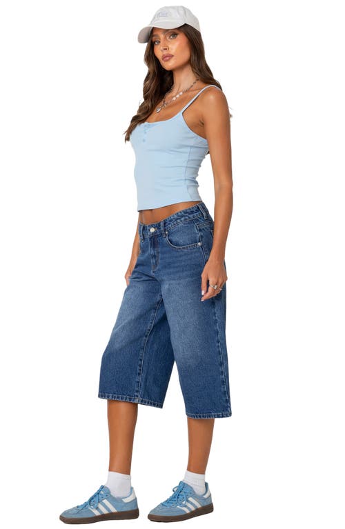 Edikted Low Rise Extra Long Denim Bermuda Shorts In Blue
