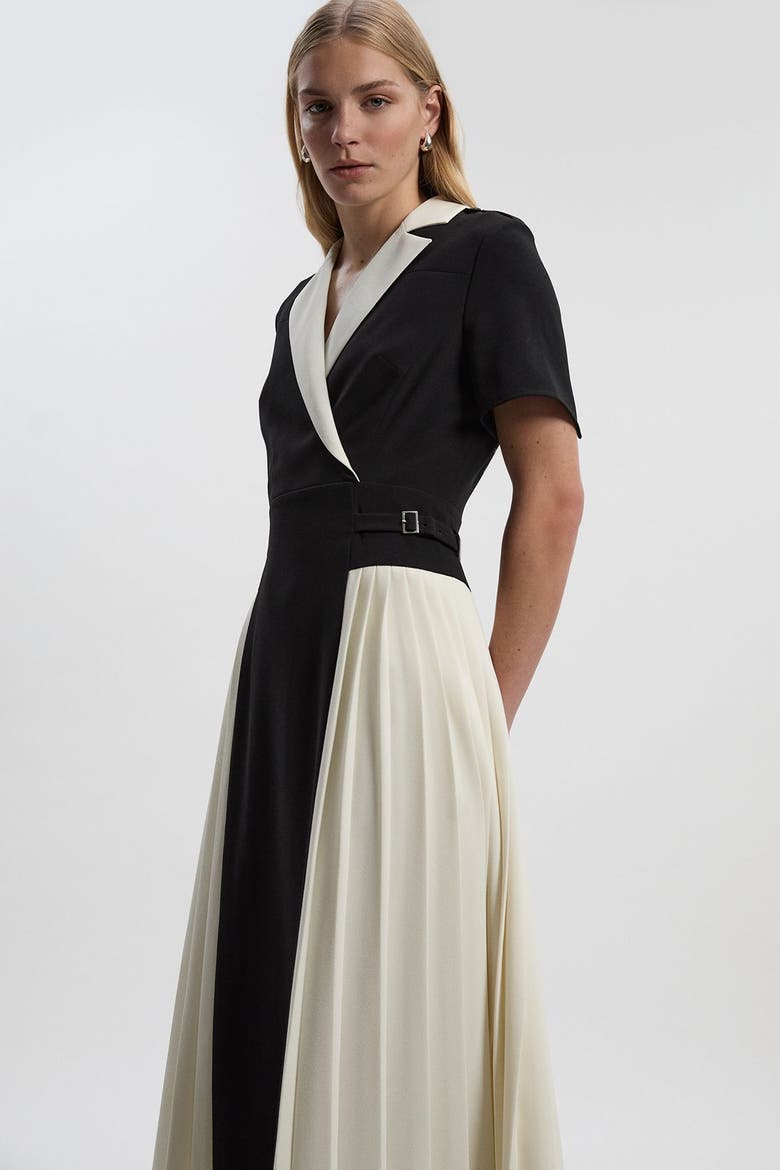 Tailored Crepe Pleated Midi Shirt Dress, Alternate, color, Mono