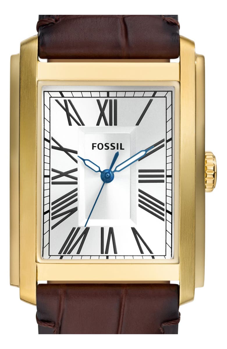 Fossil Carraway Leather Strap Watch, 30mm, Alternate, color, Brown/ Gold