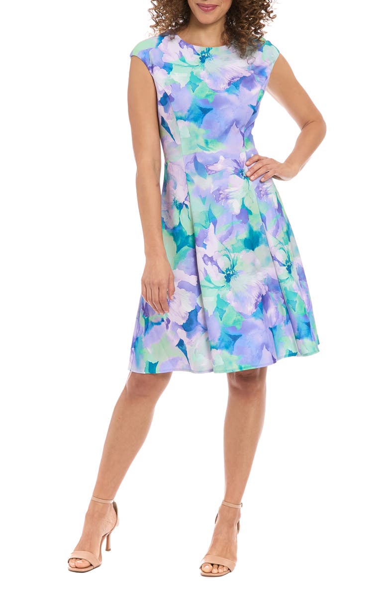London Times Floral Cap Sleeve Fit & Flare Dress, Main, color, 