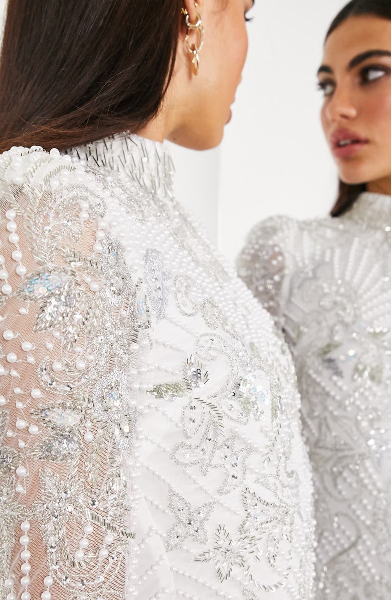 ASOS DESIGN Imitation Pearl Long Sleeve Midi Dress, Alternate, color,