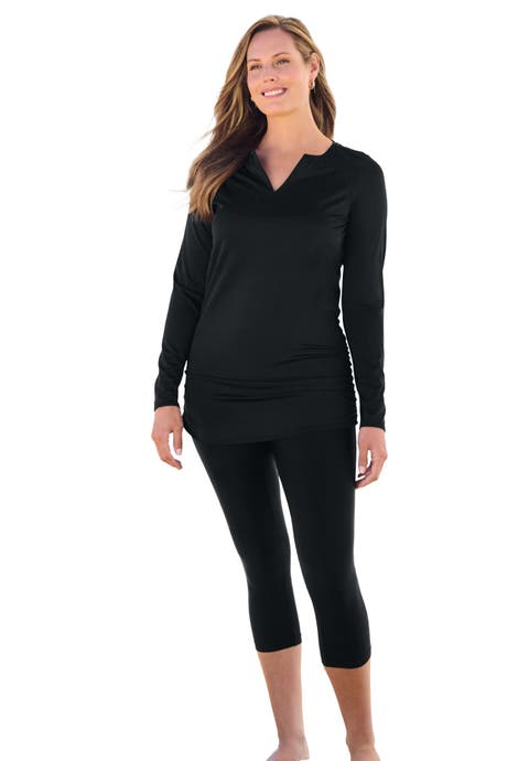 Split-Neck Long Sleeve Swim Tee with Built-In Bra (Plus)