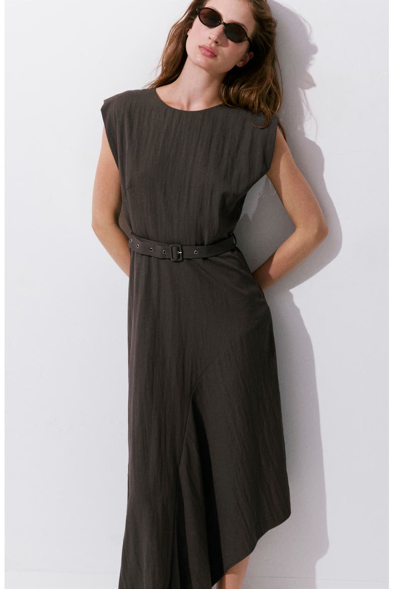 Belted Sleeveless Asymmetric Dress, Alternate, color, BROWN