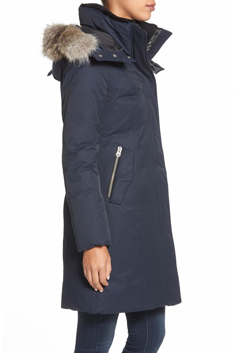 Hooded Long Down Coat with Genuine Coyote Fur & Genuine Shearling Trim, Alternate, color, NAVY
