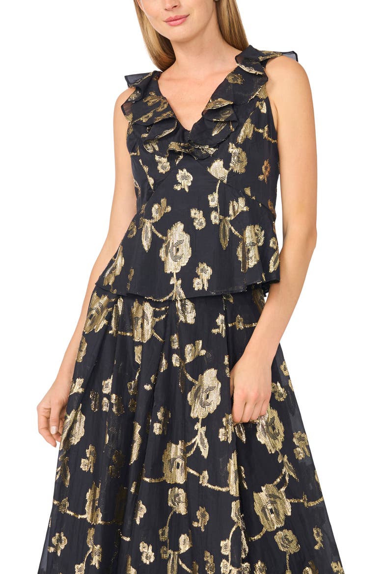 Ruffle Peplum Metallic Jacquard Top, Alternate, color, RICH BLACK