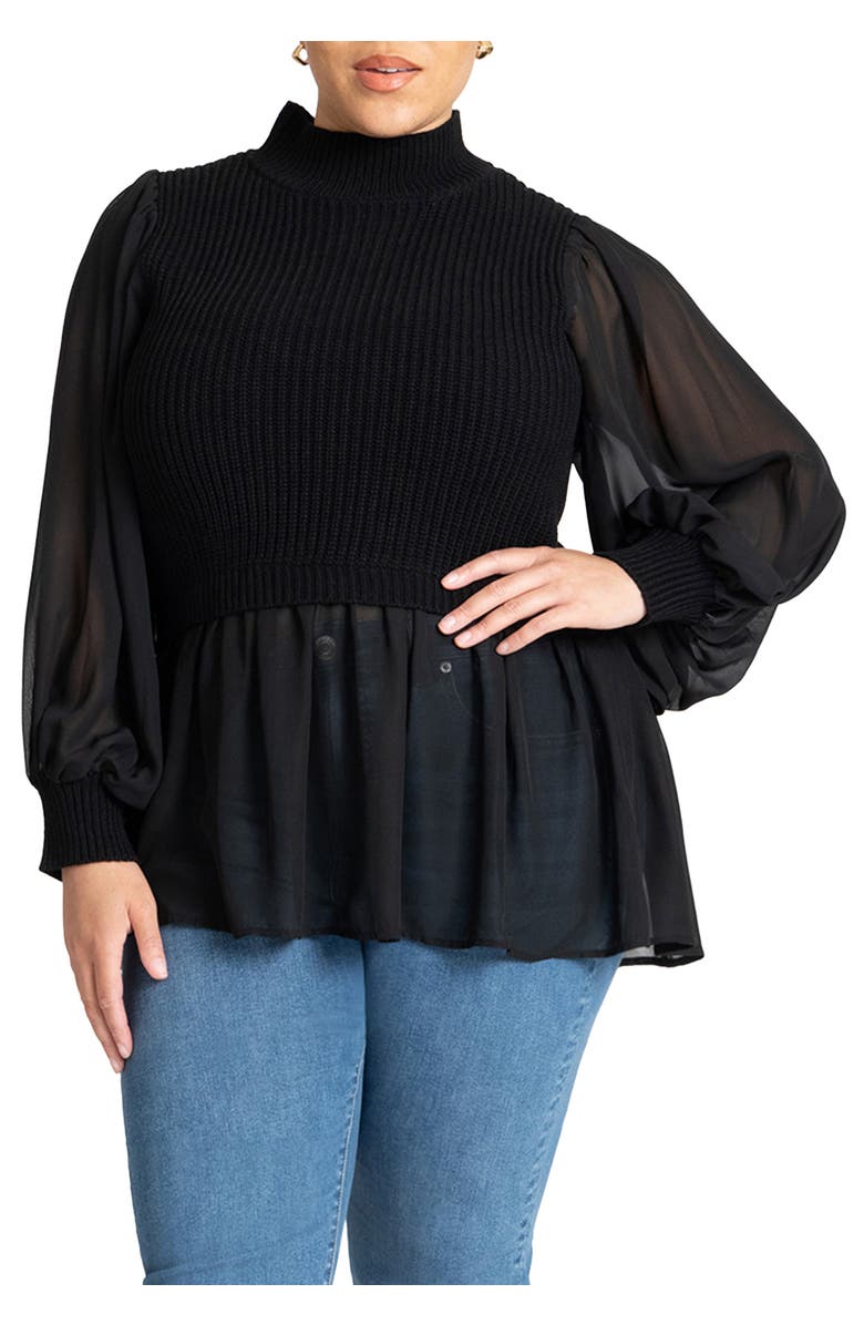 ELOQUII Twofer Sweater With Chiffon, Main, color, Black Onyx