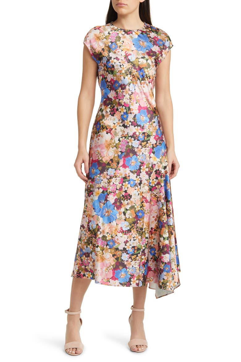 Slanno Floral Asymmetric Hem Midi Dress, Main, color, BLACK