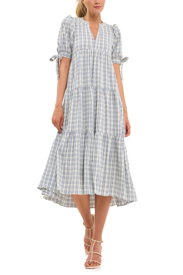 Plaid Tiered Midi Dress, Alternate, color, CREAM MULTI
