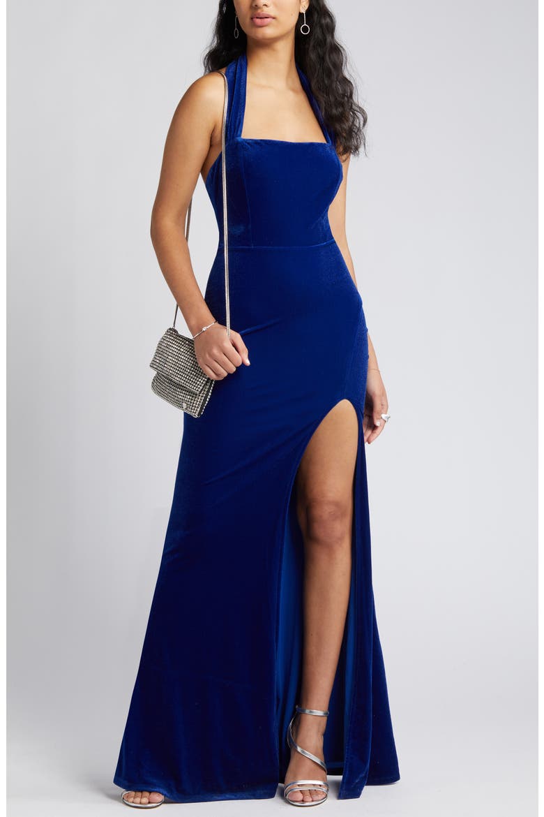 Enchanting Touch Halter Velvet Gown, Main, color, ROYAL BLUE